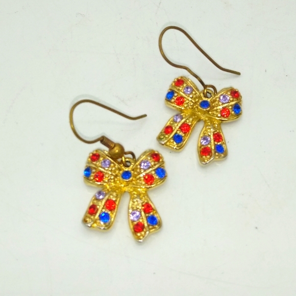 Gold Tone Bow Dangle Earrings with Red, Blue, and Lavender Rhinestones Vintage - Picture 5 of 5